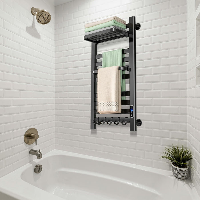 Electric Towel Warmer, Wall Mounted Heated Towel Racks for Bathroom, Plug-in Towel Heater, 10 Bars Electric Towel Rack with Timer and LED Indicator Aluminum Matte Black