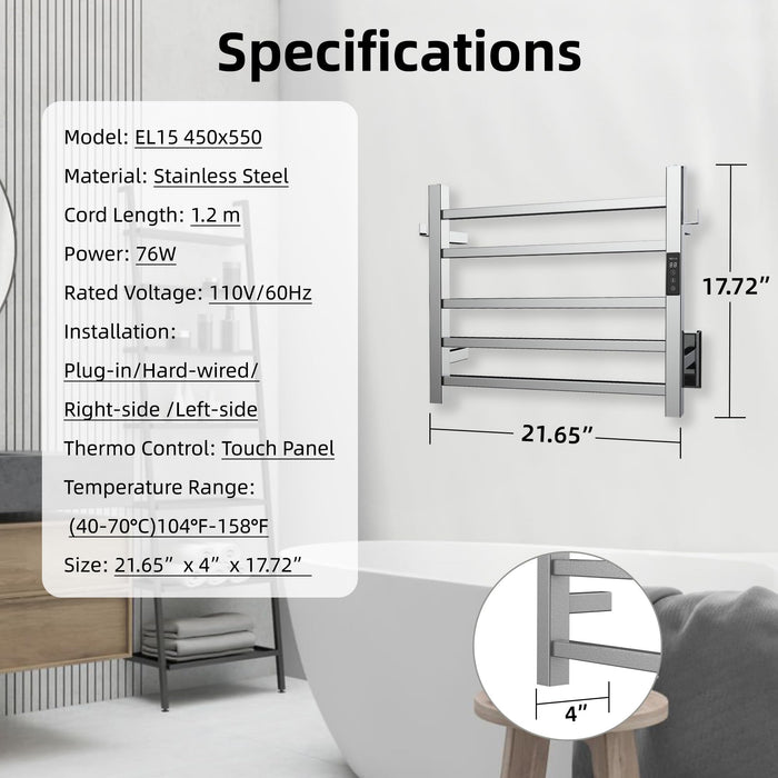 P&Bhusri Heated Towel Rack, 5-Bar Towel Warmer Rack for Bathroom, Wall Mounted Electric Towel Rack with Timer and LED Indicator, Stainless Steel Brushed, Hard-Wired/Pulg-in