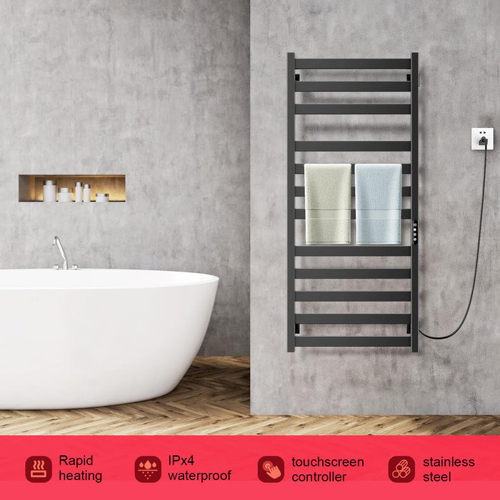 Colliford Towel Warmer,Stainless Steel Towel Warmer Rack for Bathroom -12 Bars Wall Mounted Towel Heater with Intelligent Touch Screen Timer, Hard Wired/Plug-in, Black
