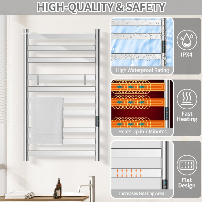 Heated Towel Rack for Bathroom, Towel Warmer with 10 Bar Flat Rack Large, Electric Hot Towel Rack Wall Mounted, LED Buit-in Timer, Plug-in, Stainless Steel, Fast Heating, Nickel