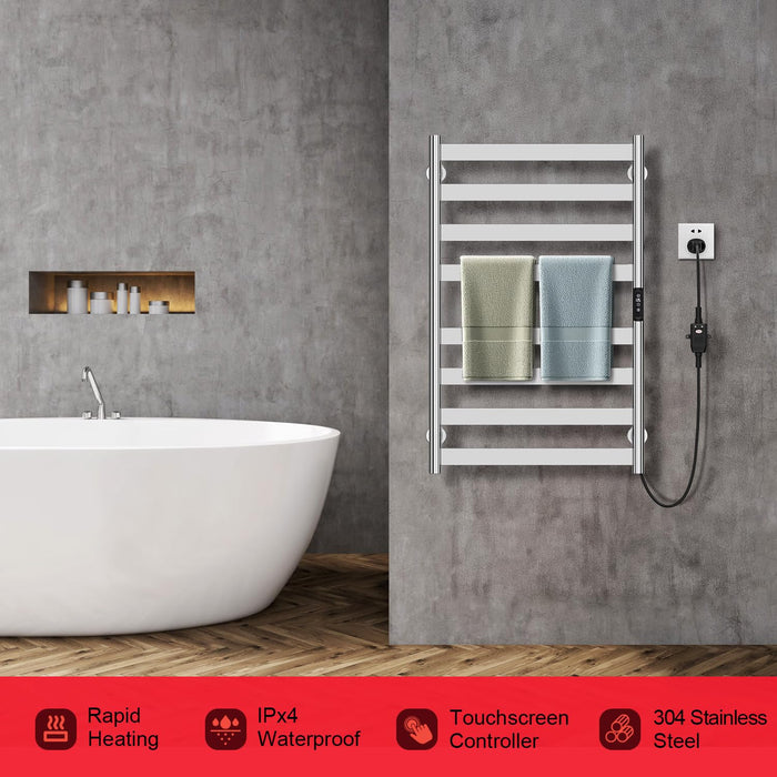 Colliford Towel Warmer,304 Stainless Steel Towel Warmer Rack for Bathroom -8 Bars Wall Mounted Towel Heater with Intelligent Touch Screen Timer, Hard Wired/Plug-in, Mirror Polished