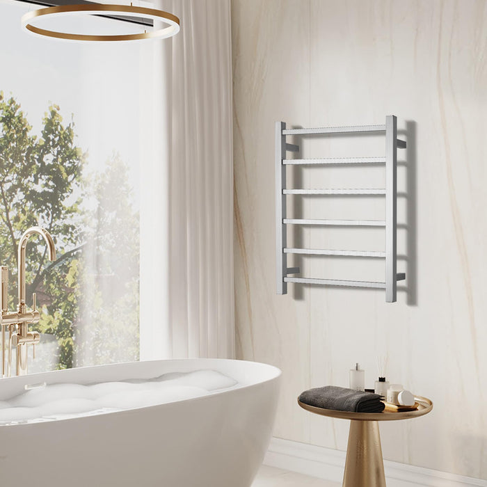 SHARNDY Towel Warmer Brushed Nickel for Bathroom Wall Mounted Bath Towel Heater Plug-in Square 6 Bars Drying Rack Stainless Steel Electric Heated Towel Rack 80W 27.48x21.57x2.17inches ETW13