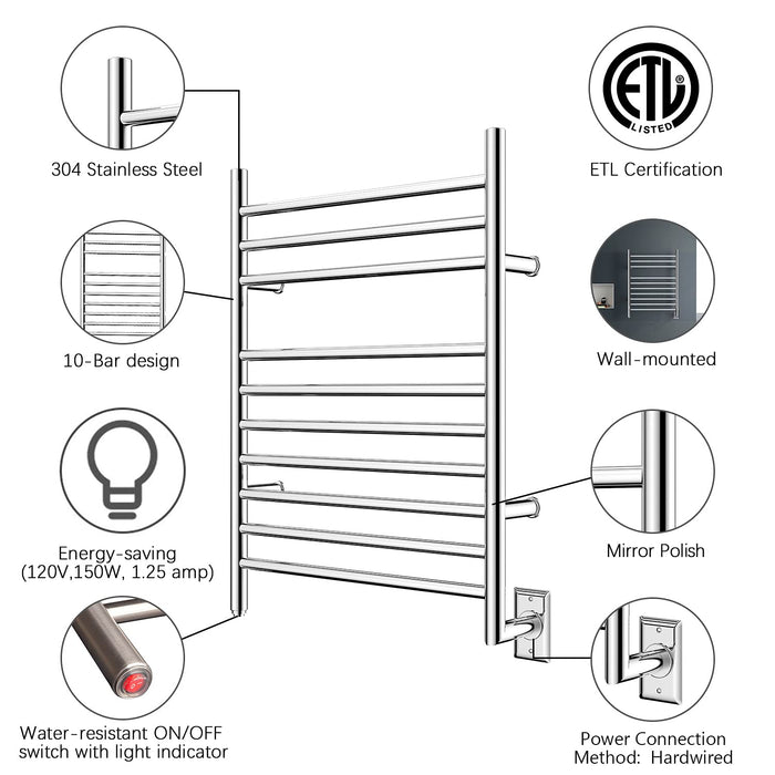HEATGENE Towel Warmer Wall-Mounted Hardwired Heated Towel Rack Hot Towel Bar Mirror Polish