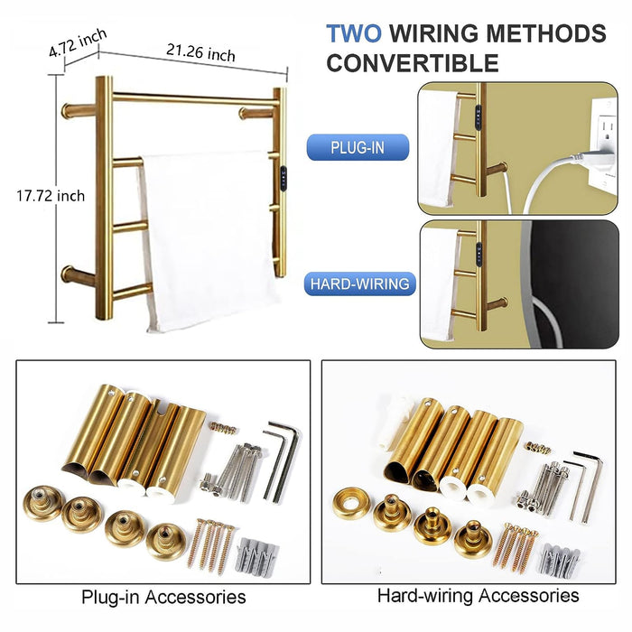 4 Bars Gold Towel Warmer Rack, Wall Mounted Heated Towel Rack with Timer & Temperature Control, Electric Towel Warmers for Bathroom (4 Bars Brushed Gold D, Hardwired)