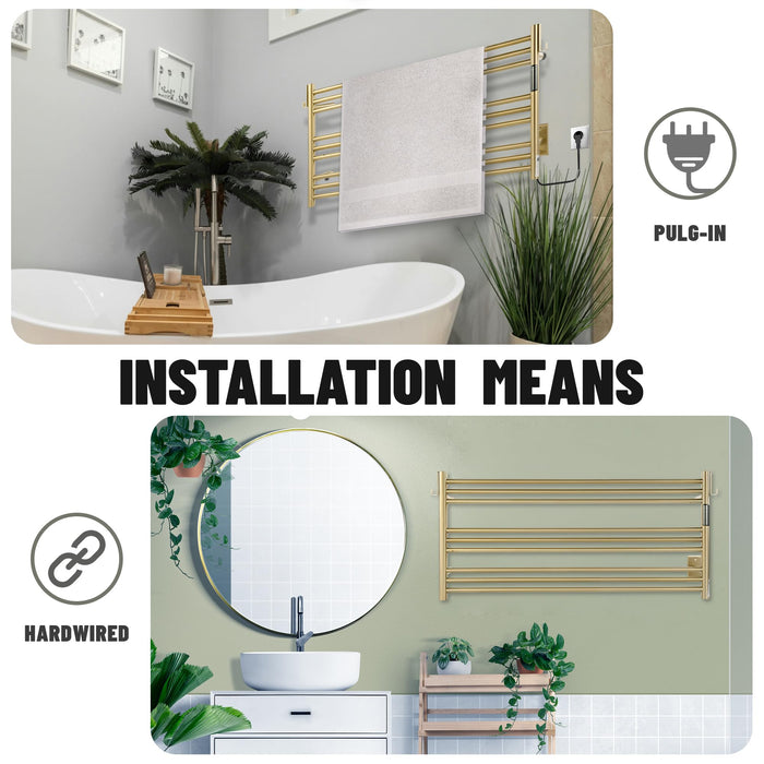 K&KALONZO Towel Warmer for Bathroom, Wall-Mounted 9-Bar Heated Towel Rack with Built-in Timer, Waterproof Electric Towel Heater, Support Plug-in and Hardwired, Brushed Gold, EL13L