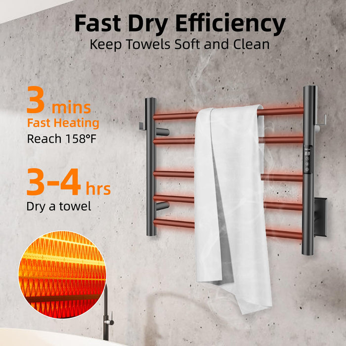 P&Bhusri Heated Towel Rack for Bathroom,Wall Mounted Electric Towel Rack with Timer and LED Indicator, 5-Bar Towel Warmer, Stainless Steel Matte Black, Hard-Wired/Plug-in