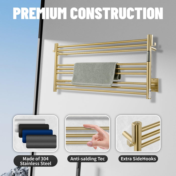 K&KALONZO Towel Warmer for Bathroom, Wall-Mounted 9-Bar Heated Towel Rack with Built-in Timer, Waterproof Electric Towel Heater, Support Plug-in and Hardwired, Brushed Gold, EL13L