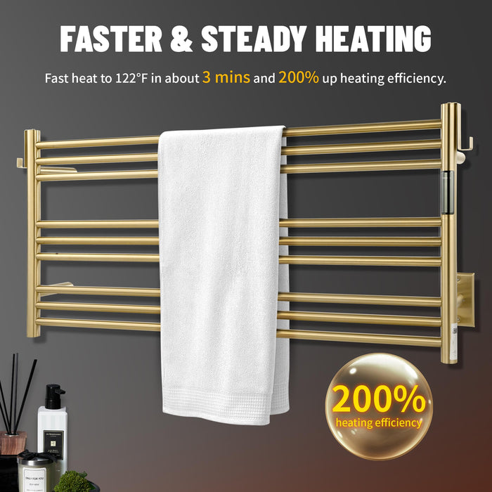 K&KALONZO Towel Warmer for Bathroom, Wall-Mounted 9-Bar Heated Towel Rack with Built-in Timer, Waterproof Electric Towel Heater, Support Plug-in and Hardwired, Brushed Gold, EL13L