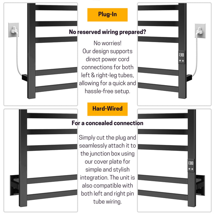 PeakTrivol 8-Bar Towel Warmer with Fast Heating, Auto Shut-Off Timer, Matte Black Finish - Hardwired or Plug-in Options - Ideal for Hot Towels in Bathroom