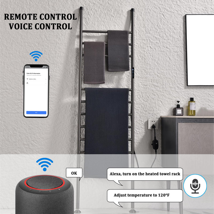 Heated Towel Rack Grey Freestanding Towel Warmer 9-Bar 110W Smart WiFi Towel Warmer Voice Control Hot Towel Rack with Timer, 115°F—155°F, Blanket Ladder Holder, Stainless Steel, IPX4, Plug-in