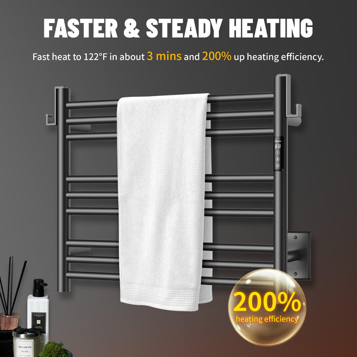 K&KALONZO Towel Warmer for Bathroom, Wall-Mounted 9-Bar Heated Towel Rack with Built-in Timer, Waterproof Electric Towel Heater, Support Plug-in and Hardwired, Matte Black, EL13S