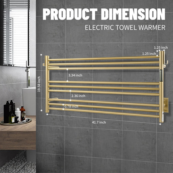 K&KALONZO Towel Warmer for Bathroom, Wall-Mounted 9-Bar Heated Towel Rack with Built-in Timer, Waterproof Electric Towel Heater, Support Plug-in and Hardwired, Brushed Gold, EL13L