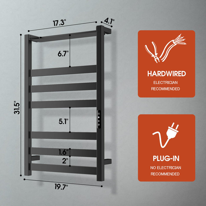 Colliford Towel Warmer,Stainless Steel Towel Warmer Rack for Bathroom -6 Bars with Shelf Wall Mounted Towel Heater with Intelligent Touch Screen Timer, Hard Wired/Plug-in, Black