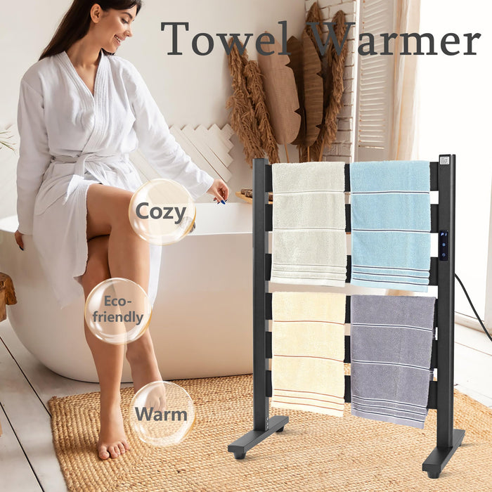 Towel Warmer Rack, Heated Towel Racks for Bathroom, 6-Bar, Upgraded Extra-Wide Heating Area, Built-in Timer and Temperature Adjustment, Large Free-Standing Heated Towel Rack，Matte Black