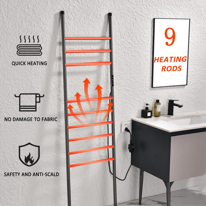 Heated Towel Rack Grey Freestanding Towel Warmer 9-Bar 110W Smart WiFi Towel Warmer Voice Control Hot Towel Rack with Timer, 115°F—155°F, Blanket Ladder Holder, Stainless Steel, IPX4, Plug-in