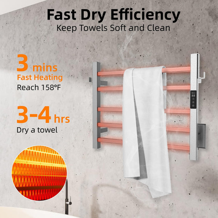 P&Bhusri Heated Towel Rack, 5-Bar Towel Warmer Rack for Bathroom, Wall Mounted Electric Towel Rack with Timer and LED Indicator, Stainless Steel Brushed, Hard-Wired/Pulg-in