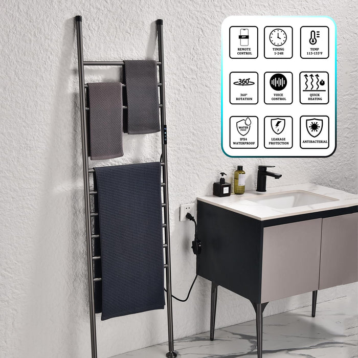 Heated Towel Rack Grey Freestanding Towel Warmer 9-Bar 110W Smart WiFi Towel Warmer Voice Control Hot Towel Rack with Timer, 115°F—155°F, Blanket Ladder Holder, Stainless Steel, IPX4, Plug-in