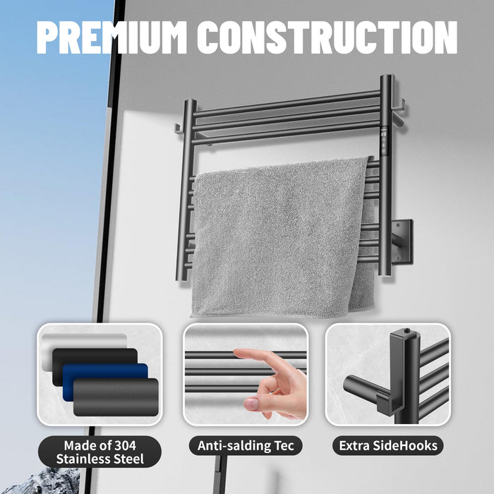 K&KALONZO Towel Warmer for Bathroom, Wall-Mounted 9-Bar Heated Towel Rack with Built-in Timer, Waterproof Electric Towel Heater, Support Plug-in and Hardwired, Matte Black, EL13S