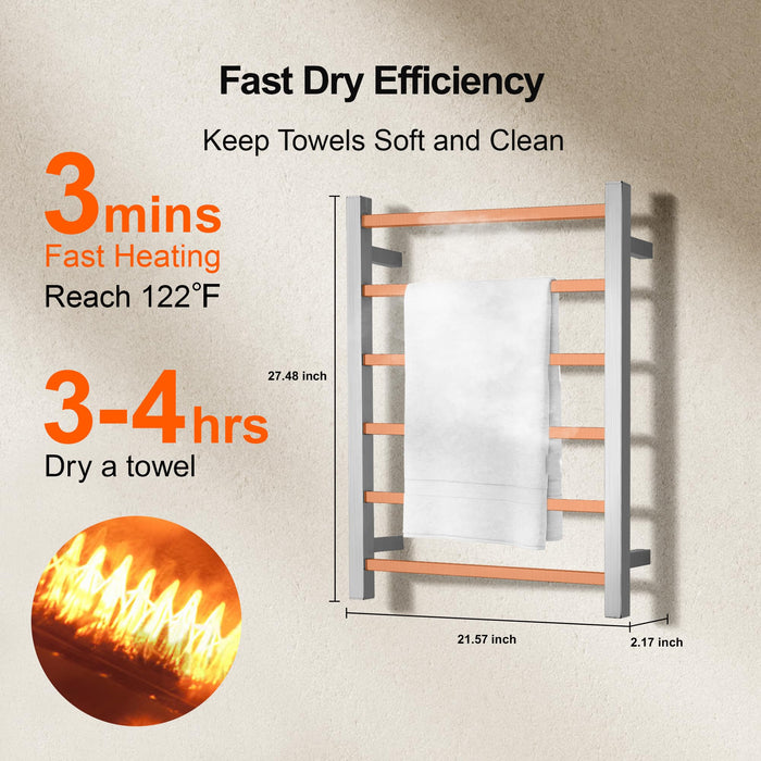 SHARNDY Towel Warmer Brushed Nickel for Bathroom Wall Mounted Bath Towel Heater Plug-in Square 6 Bars Drying Rack Stainless Steel Electric Heated Towel Rack 80W 27.48x21.57x2.17inches ETW13