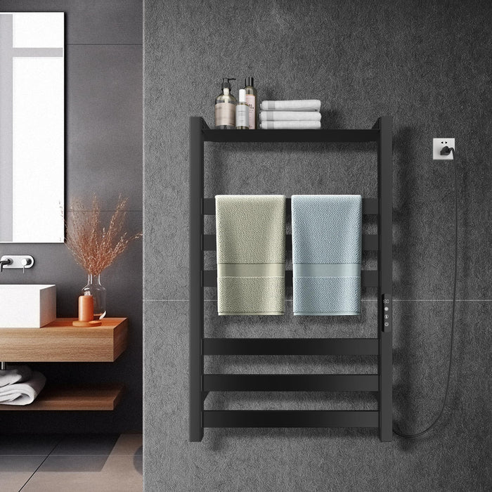 Colliford Towel Warmer,Stainless Steel Towel Warmer Rack for Bathroom -6 Bars with Shelf Wall Mounted Towel Heater with Intelligent Touch Screen Timer, Hard Wired/Plug-in, Black