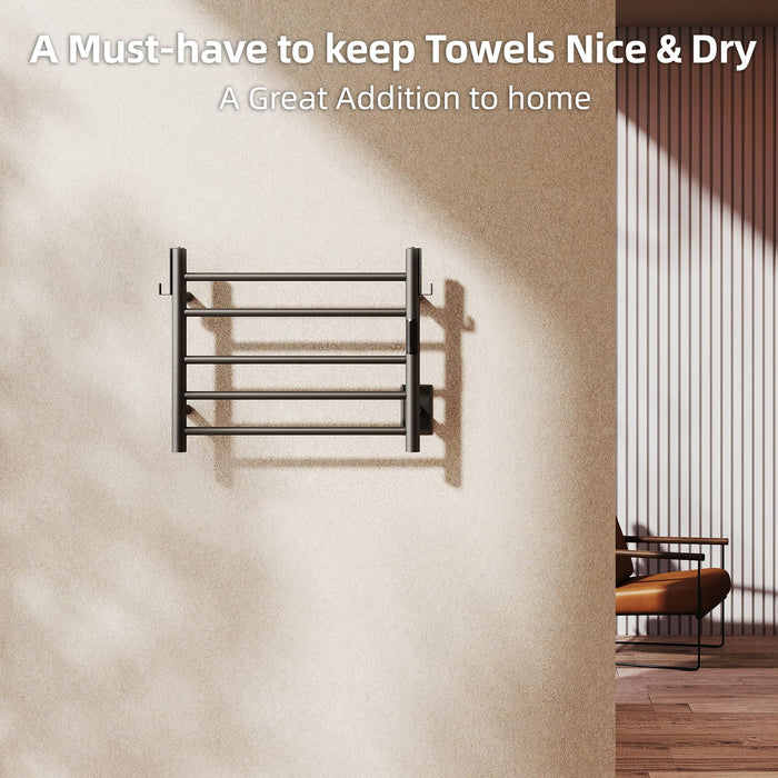 P&Bhusri Heated Towel Rack for Bathroom,Wall Mounted Electric Towel Rack with Timer and LED Indicator, 5-Bar Towel Warmer, Stainless Steel Matte Black, Hard-Wired/Plug-in
