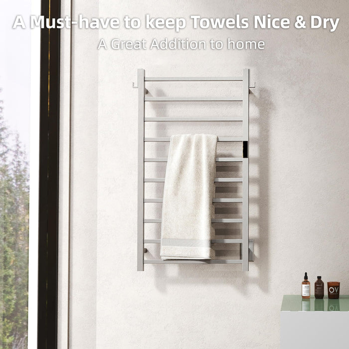 P&Bhusri Towel Warmer, 10-Bar Heated Towel Rack for Bathroom, Electric Towel Warmer with Timer & Temperature Multi-Level Adjustments, Brushed, Plug-in/Hard-Wired